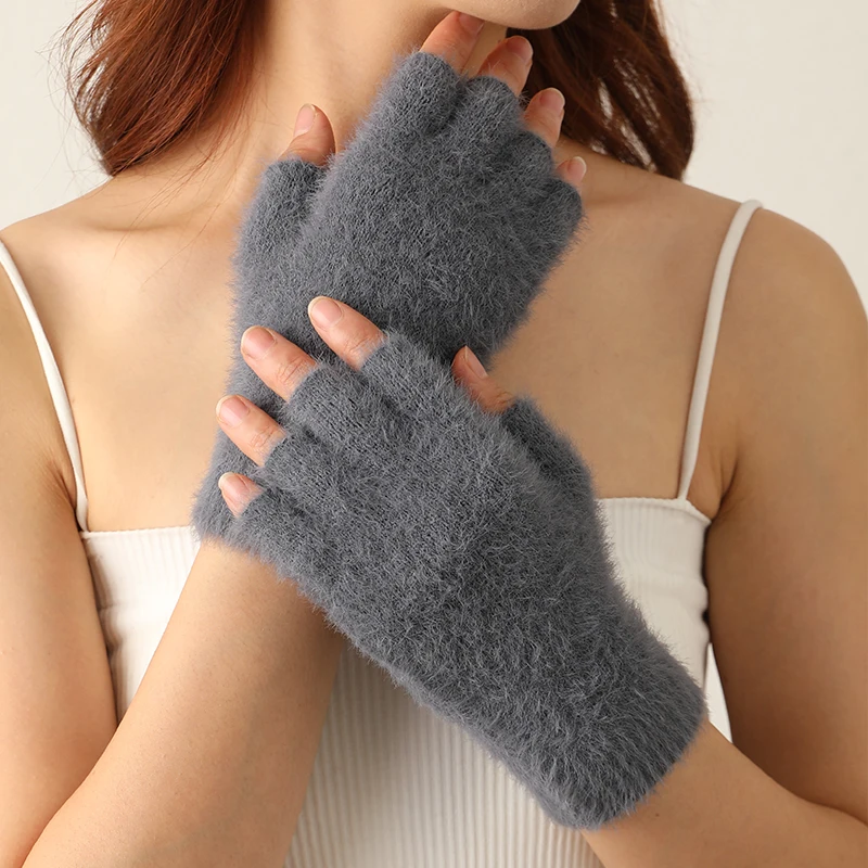 100 % Nerz-Kaschmir-Fäustlinge für Herren und Damen, Winter-Damen-warme Stretch-Strick-Halbfinger-Handschuhe, klassische Damenhandschuhe