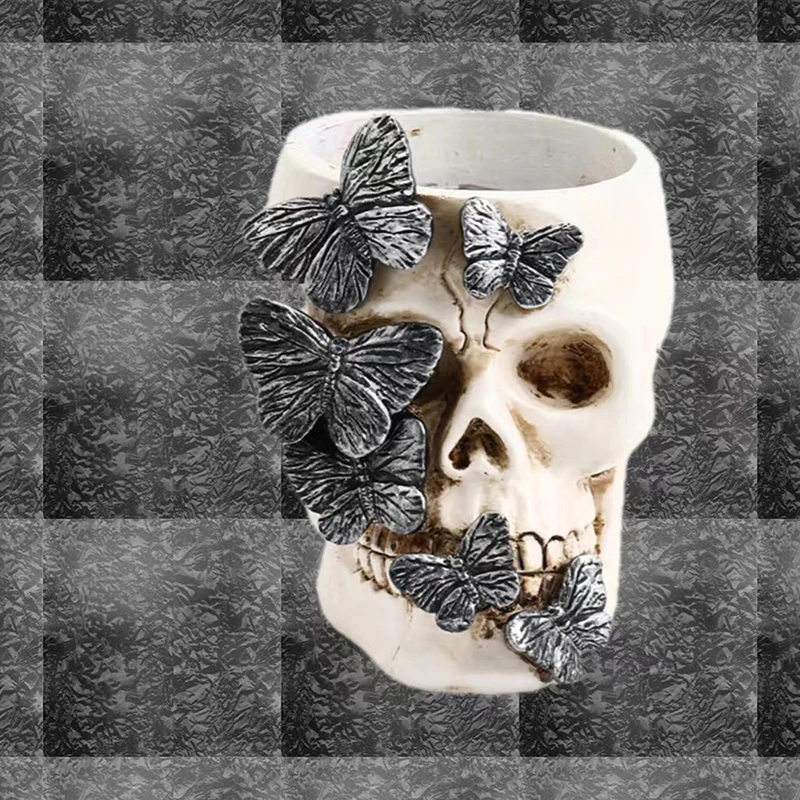 【3CS99】Skull Pen Cup Makeup Brush Holder Bathroom Storager Holder Spooky Goth Desk Decorations