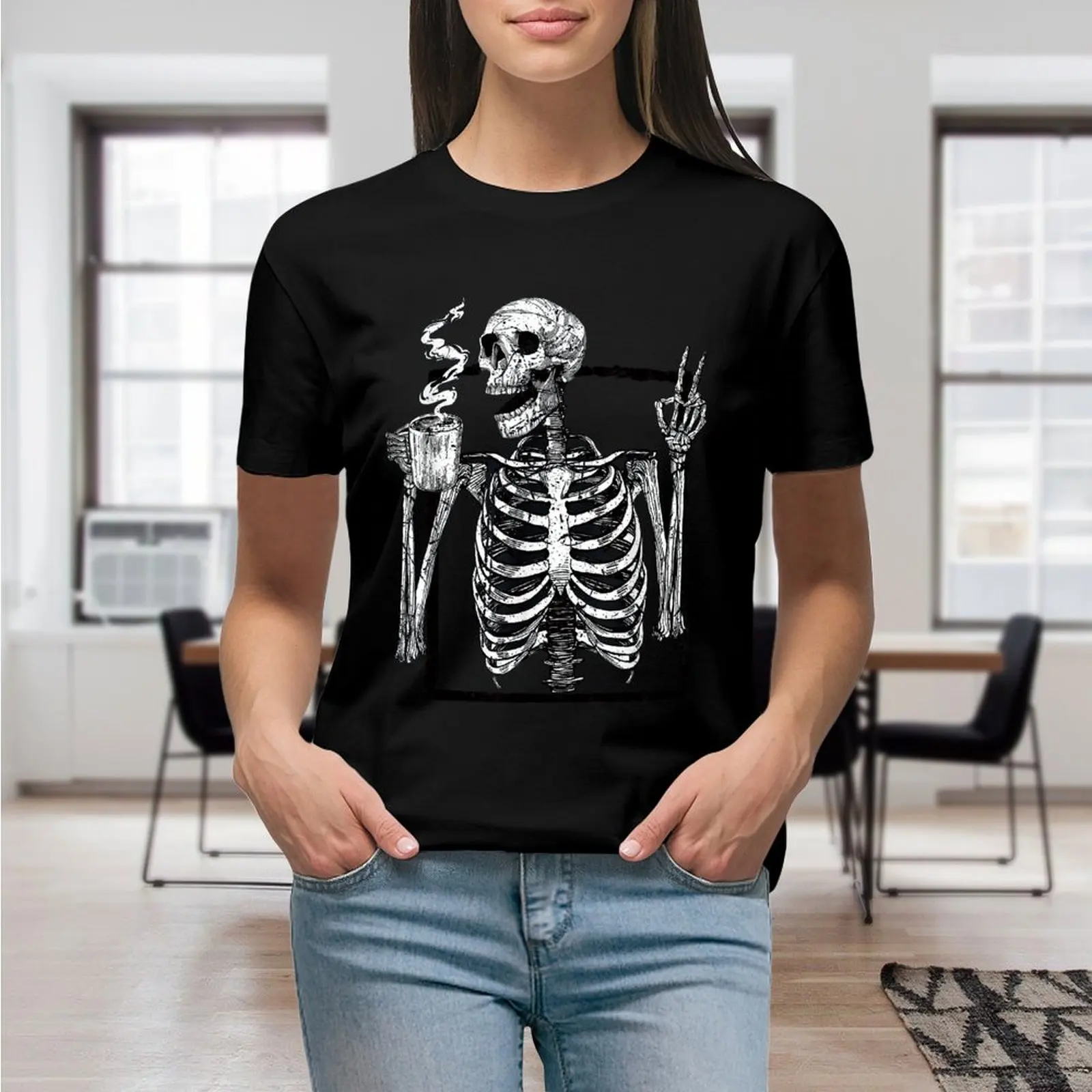 Skeleton Drinking Coffee Peace Funny Drinking Ghost Women Shirt Graphic Shirt Casual Short Sleeved Female Tee T-Shirt Size S-4XL