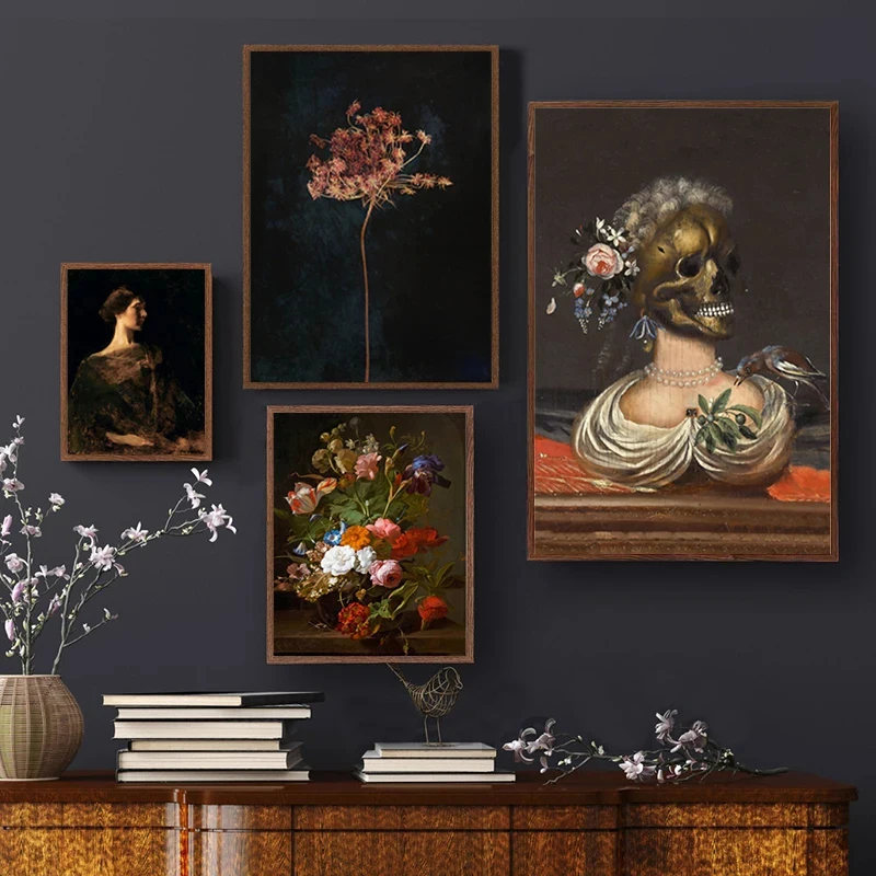 

Vintage Night Owl Art Prints Dark Black Moody Posters Gothic Skull Canvas Painting Dark Academia Wall Pictures Living Room Decor