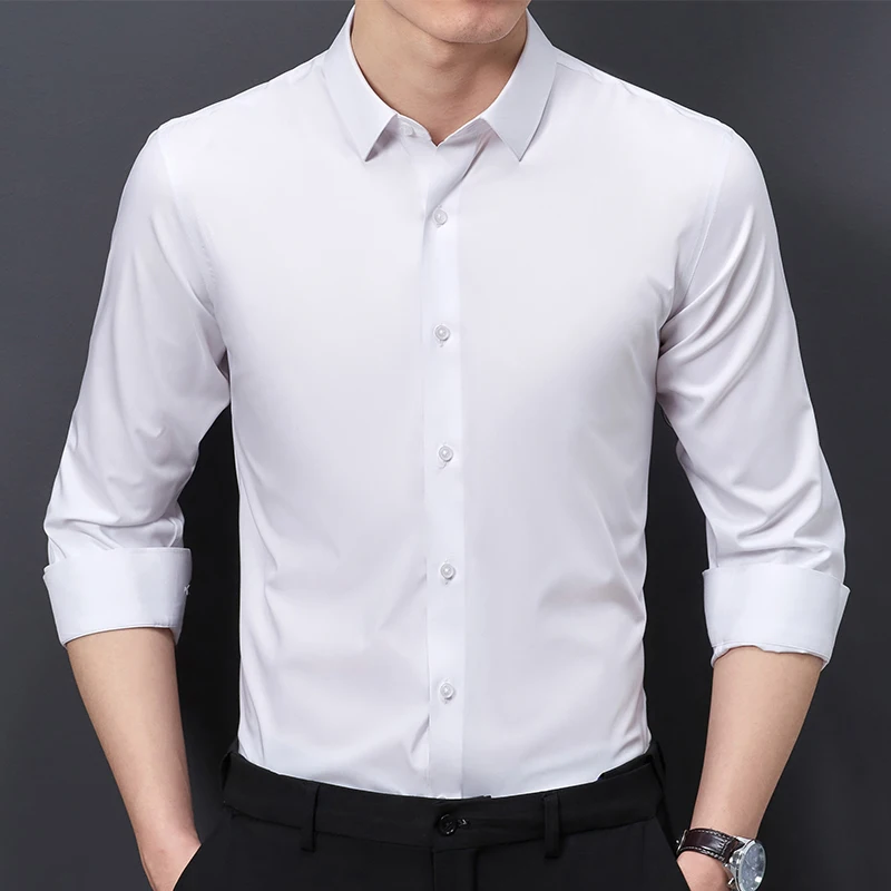 Bamboo Fiber Mens Dress Shirt Long Sleeve Waterproof Anti-fouling Business Social Solid Color Slim Fit Stainproof Big Size 8XL