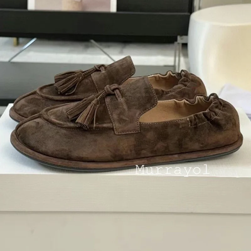 Nuovi mocassini piatti con punta tonda con decorazione nappa Scarpe singole in vera pelle tinta unita da donna Scarpe da ufficio versatili primavera autunno