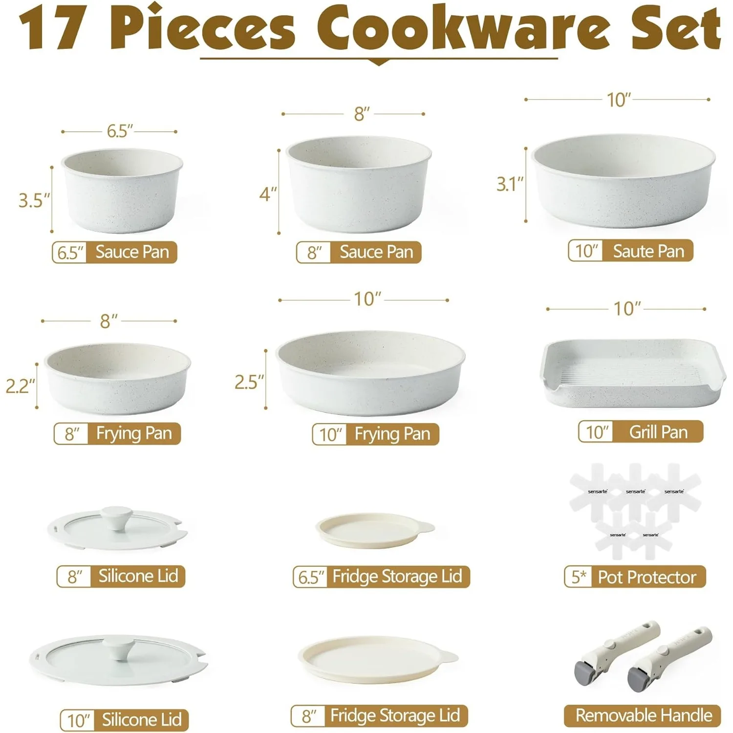 17 Piece Pots and Pans Set, Nonstick Detachable Handle Cookware, Induction Kitchen Cookware Set (White)