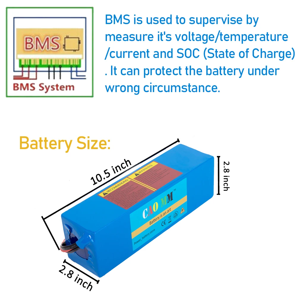 CaoMM-Electric Bike Battery with Charger BMS Protect, 8Ah, 13S3P Lithium Ebike Battery for Scooter, Motorcycle Solar Panels, 48V