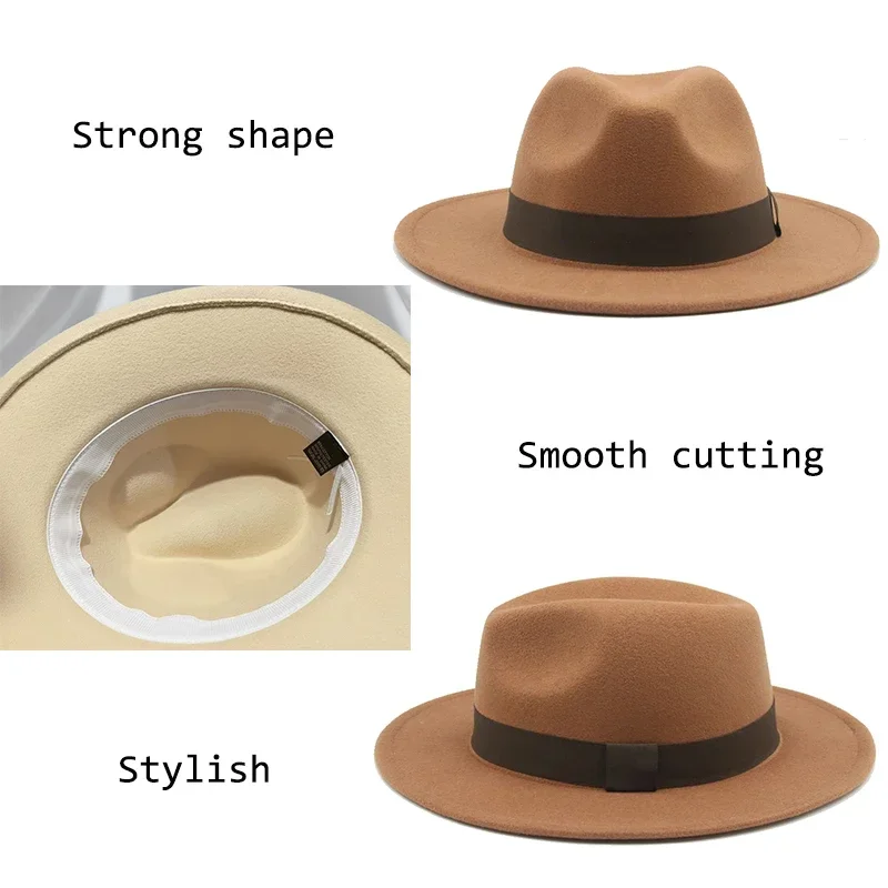 Fedora Hat Women Winter Hats for Women Ribbon Band Men\'s Hat Wide Brim Classic Beige Wedding Church Bowler New Cap chapeau femme