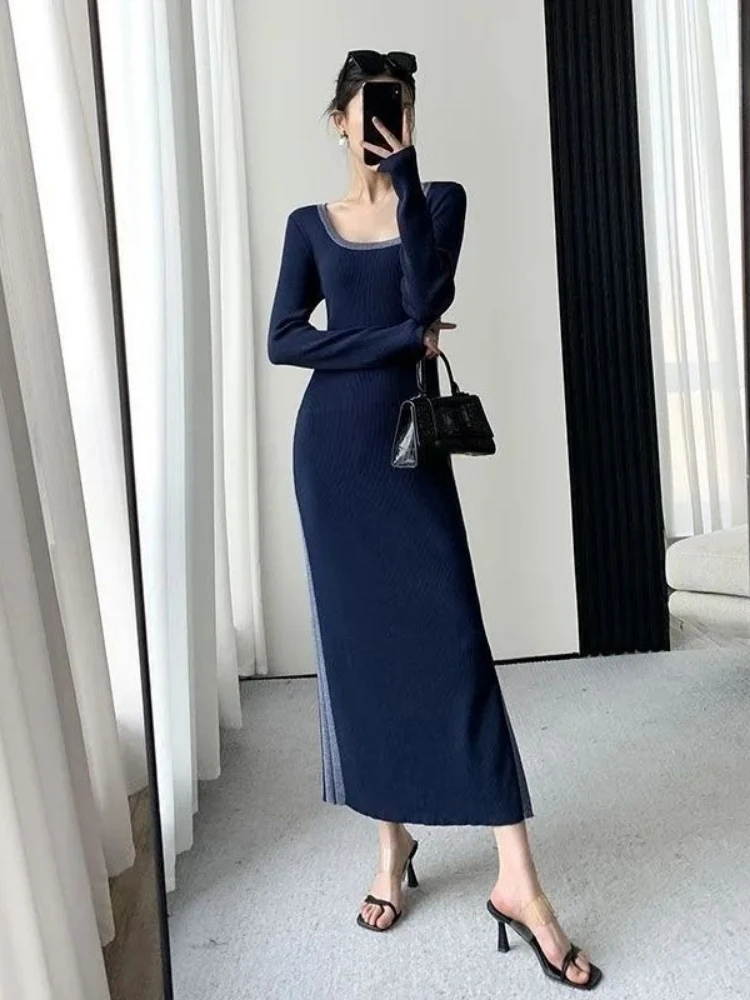 Sukienka maxi z dzianiny z dekoltem w kształcie litery U, patchworkowa, tunika damska, sukienka vintage, obcisła sukienka koreańska, Vestidos De Mujer 2025