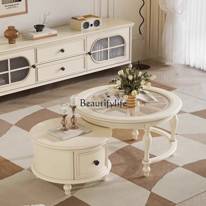 

Simple Home Living Room French Style Small Apartment Cream Color Extendable Changhong Glass Round Tea Table