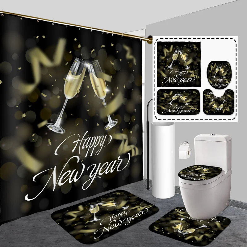 Happy New Year 4pcs Set with Fireworks Design - Includes Waterproof Shower Curtain, Non-Slip Bath Mat, U-Shaped T