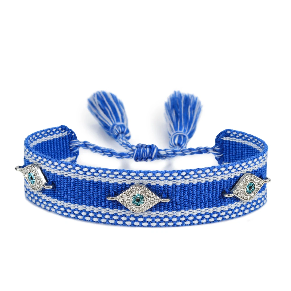 New fashion blue and white woven bracelet with tassels and evil eyes for women