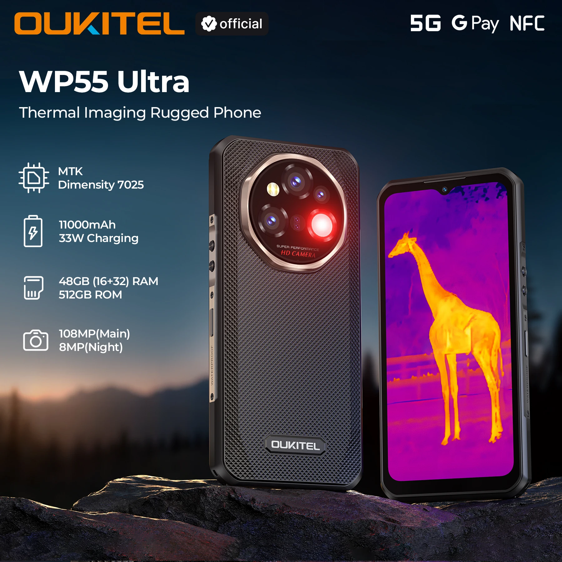 【New】OUKITEL WP55 Ultra Rugged Phone - Thermal Imaging 5G Smartphone, MTK 7025, 48+512GB, 11000mAh, 108MP, 6.6