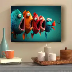 1pc Canvas Painting Cartoon Fish Wall Art, Funny Animal Poster, Artwork Wall Painting for Living Room Home Wall Decor, No Frame