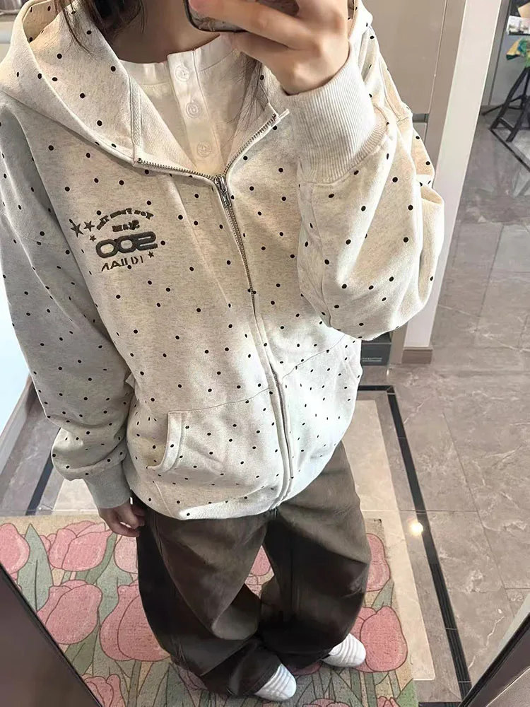 Sweet Polka Dot Hooded Jacket Women Autumn Loose Letter Embroidery Zipper Coats Y2K Harajuku Kawaii Preppy All Match Outwear