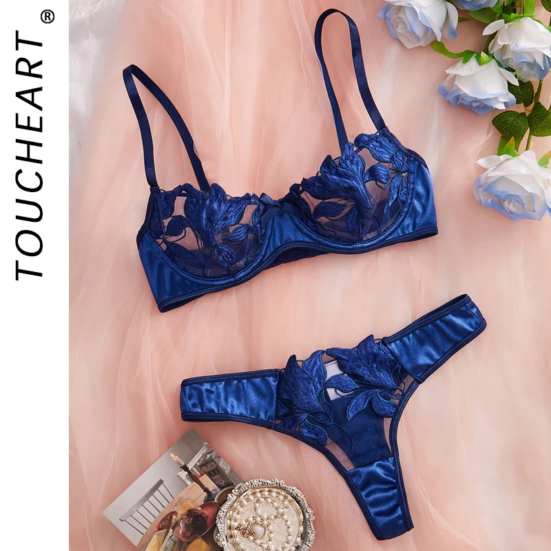 

Toucheart Lace Sexy Ultra-Thin Sexy Lingerie Set Uniform Pure Lust Bra Women Blue Floral Underwear Sexy 2 Piece Bras Panty Suit