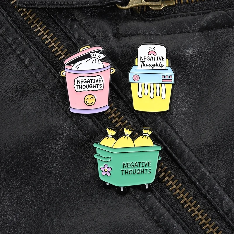 Dispose Negative Thoughts Enamel Pin Trash Shredder and Dumpster Cartoon Style for Burnout Culture Everyday Outfit