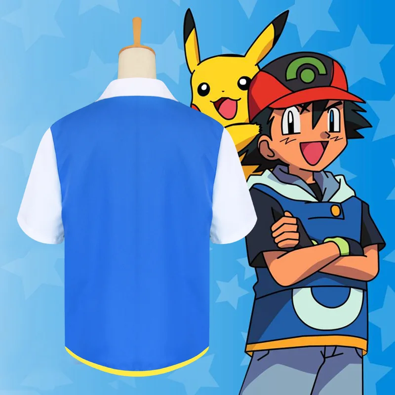 Disfraz de entrenador Ash Ketchum de Anime, chaqueta azul, tops para niño y niña, gorra, guantes, traje para Halloween, carnaval, fiesta, ropa de juego de rol para adultos