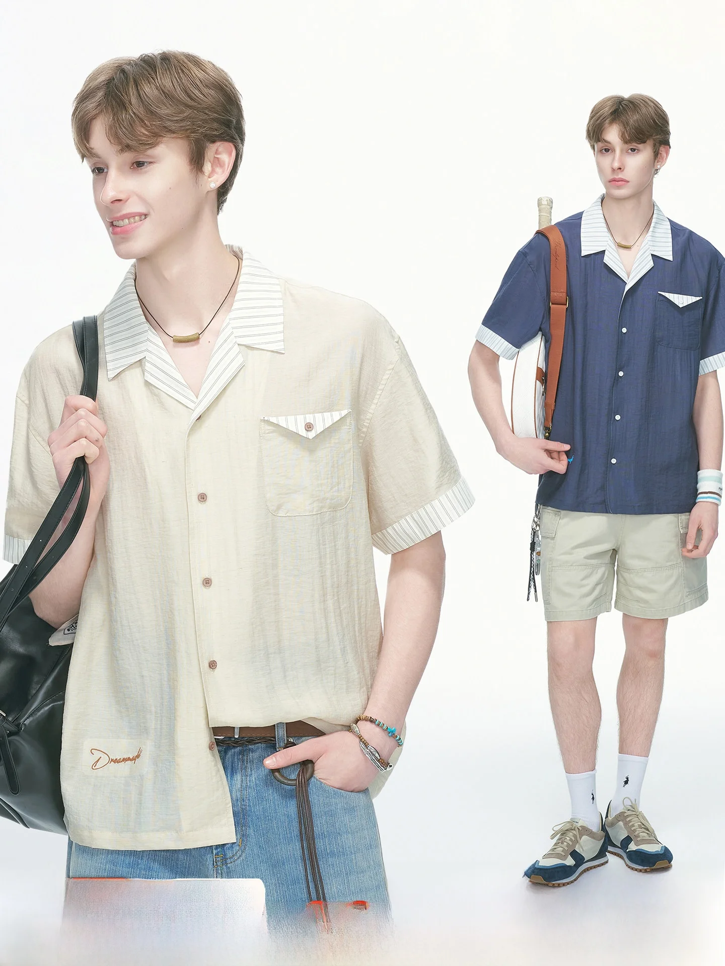 Dream Made Men's Linen Cuban Collar Short Sleeve Shirt Summer Half Sleeve Shirt Color Block Pattern Breathable Comfortable