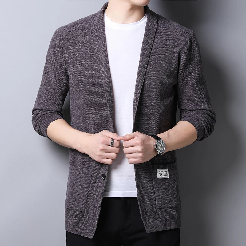 New Arrival 2021 Large Size Plain Grey Black Knitted Cardigan For Mens Oversized Sweater With Turn Down Collar Gentleman Father