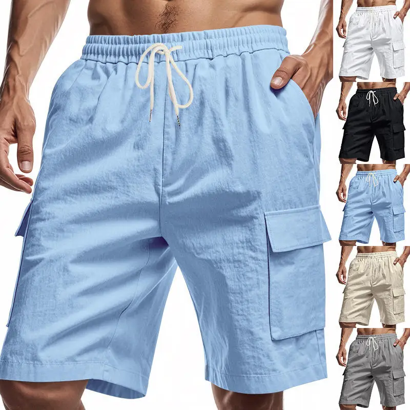 

American Style Men's Workwear Shorts Casual Loose Pure Color Linen Drawstring Five-Quarter Length Multi-Pocket Utility Trousers