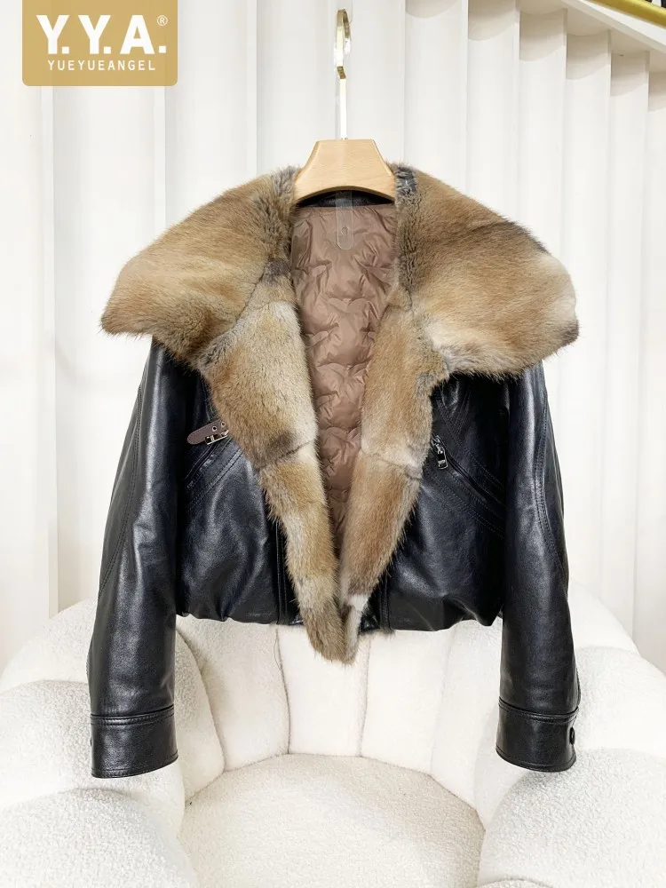 Fashion Lady Sheepskin Genuine Leather Jacket Shawl Mink Turndown Fur Collar Winter Down Coat Short Style Keep Warm Long Sleeves