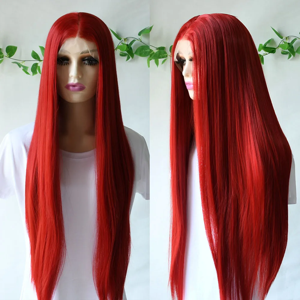 Hot Red Wig 13x4 Long Straight Lace Front Wig For Women Glueless Preplucked Heat Resistant Synthetic Wig Hd Lace Wig Party