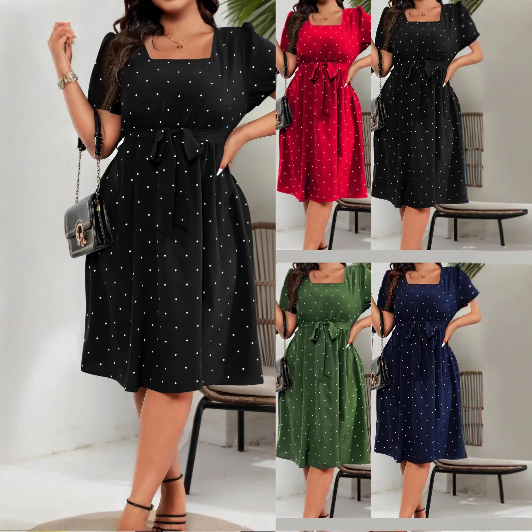 

European and American Women's Retro Polka Dot Waist-strapped Square-neck Pendulum Dress