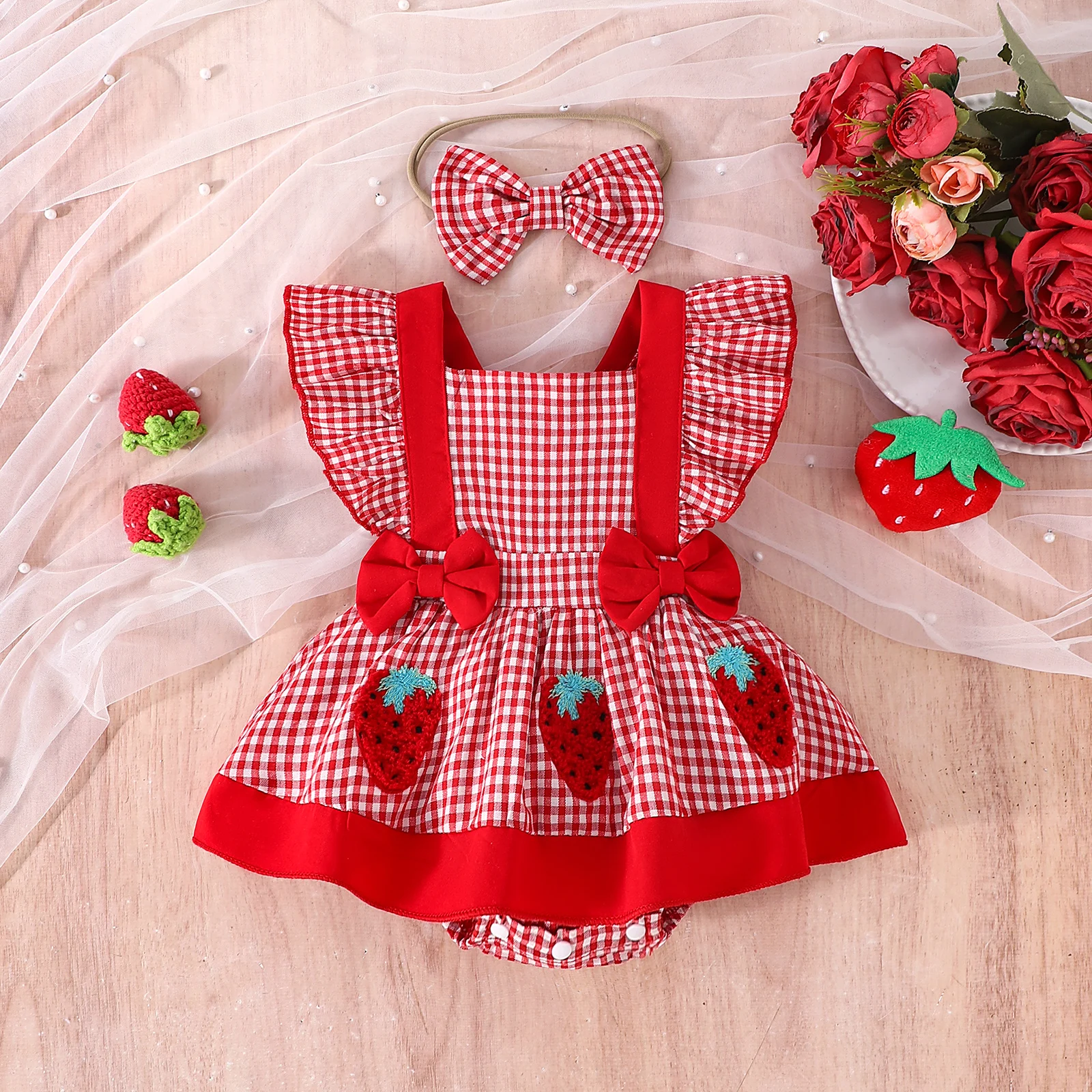 

2PCS Summer Cross-Border New Style For Girls And Babies 0-1 Years Old Sweet And Cute Red And White Plaid Dress Pants