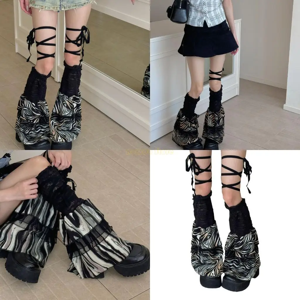 

31BF Women's Summer Mesh Leg Sleeves Harajuk Ruffle Lace Leg Warmer Flared Boot Cuffs