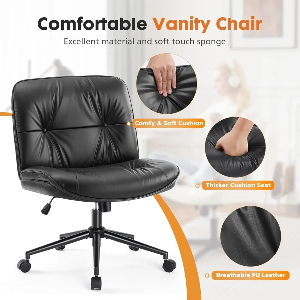 Kursi Kerja Sweetcrispy Criss Cross dengan Roda, Kursi Meja Kantor/Vanity Tanpa Sandaran Tangan Berbahan Kulit PU dengan Dudukan Lebar, Nyaman dan Dapat Diputar