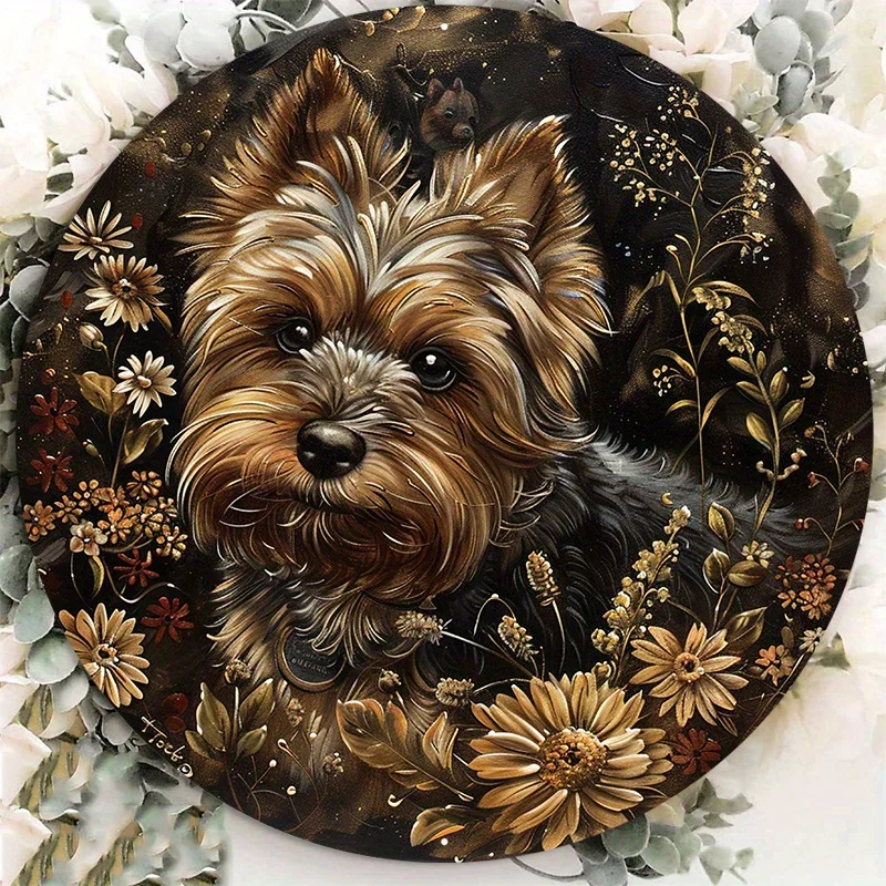 1pc 8x8inch Aluminum Metal Sign Oak Dog Decor Yorkshire Terrier Ou Round Aluminum Door Hanger Wall Wreath Metal Decor Sign