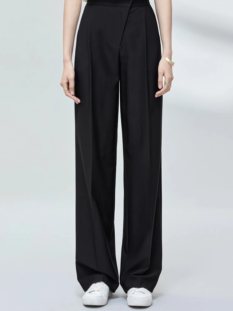 Sentubila Black Suit Pants For Women's Autumn High-waisted Straight Wide-leg Casual Pleated Tailored Trousers Design M32K48616