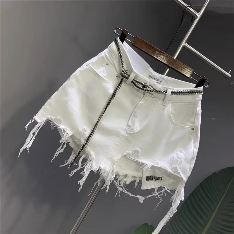 Neue Koreanische Weiß Roh Unregelmäßigen Denim Rock frauen Anti-Gehen Nackt Loch Tasche Ausgesetzt Kurzen Rock – Detail 3