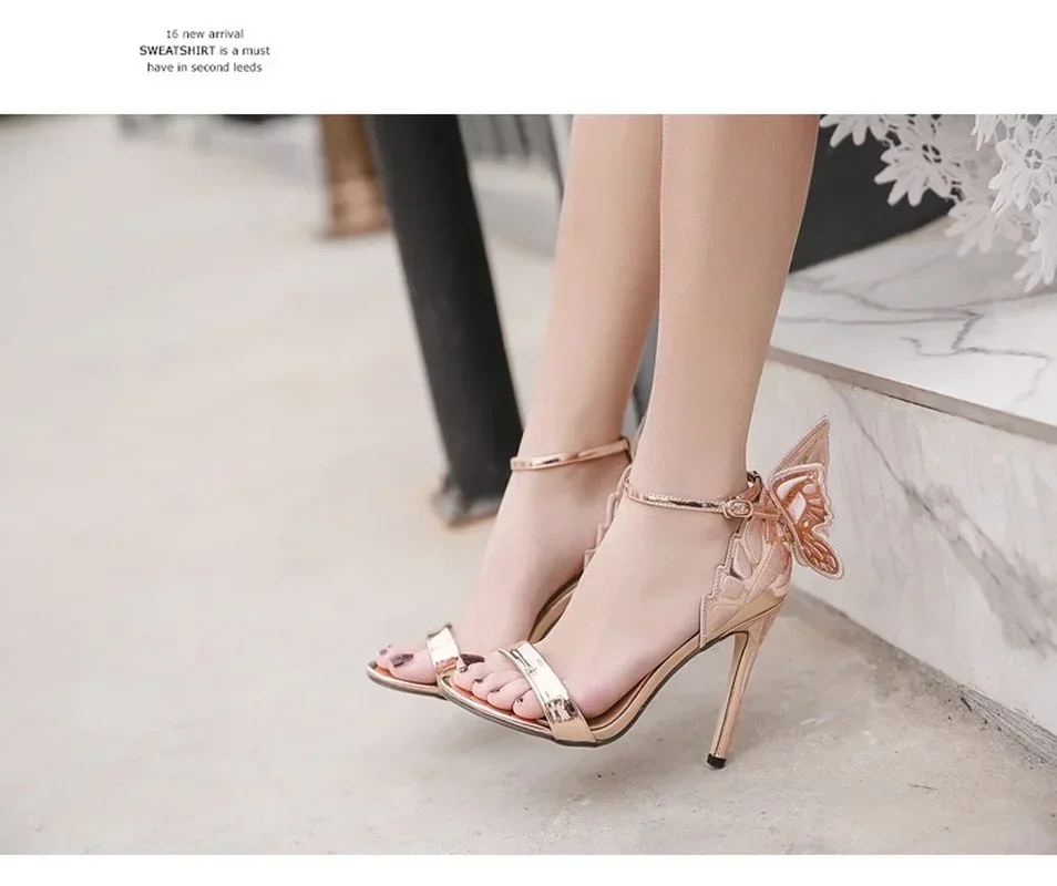 Three-dimensional Big Butterfly Wings Stiletto High-heel Women\'s Sandals Patent Leather Open Toe Buckle Strap Summer Sandal