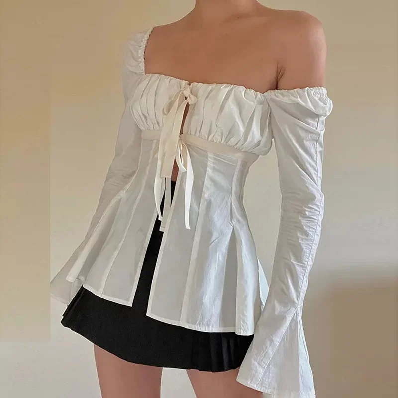 

White Shirt Women's Slim Fit Pleated Lace Up Corset Flare Long Sleeve Top Y2K Women's Vestidos