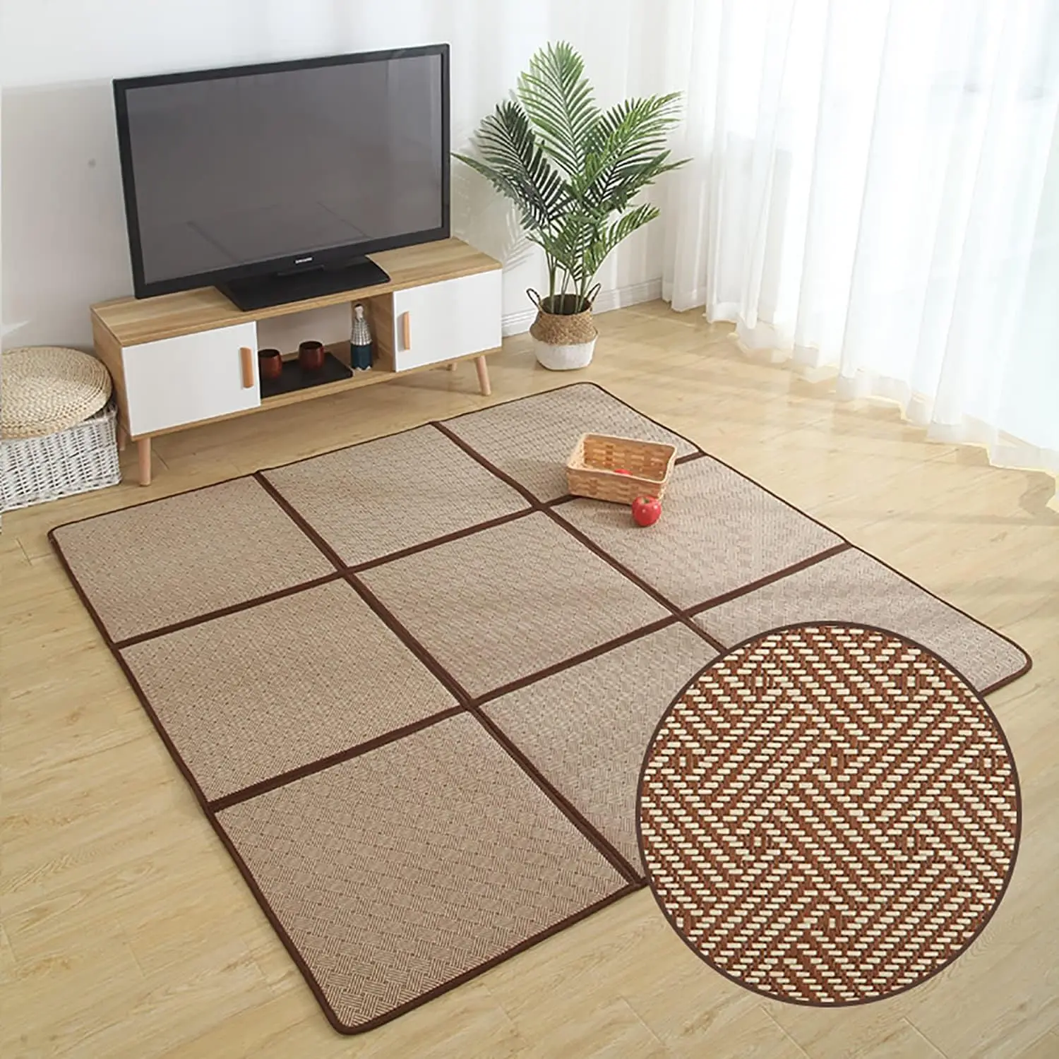 Large Japanese Tatami Mat 71x 71in Large Summer Breathable Sleeping Mat Foldable Rattan Floor Mat Non-Slip Memory Foam Stitching