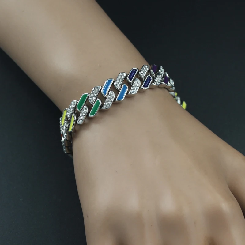 Hip Hop Men Women 12mm Enamel Colorful Rainbow Chain Bracelet Bling Rhinestone Paved Miami Rhombus Cuban Chain Jewelry