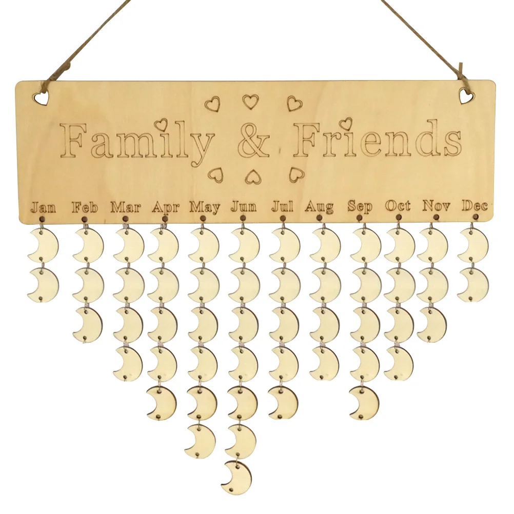 

1X Wooden Hanging Calendar Board 50 Moon Shape Accessories Family Friends Birthday Reminder For Home Decoration Diy Tally Plaque