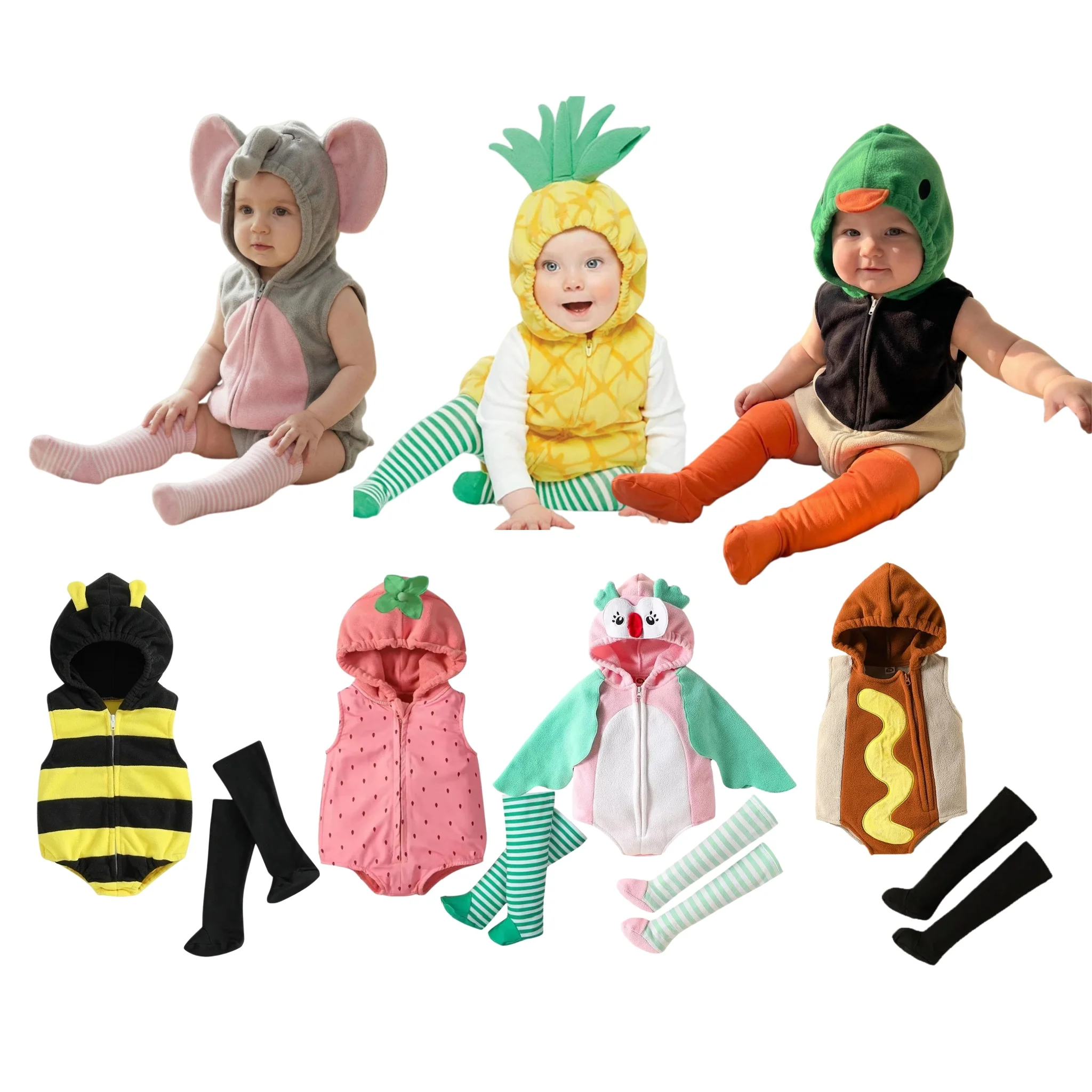 

Новый милый костюм животного для новорожденных и малышей, комбинезон-ромпер с носками в виде авокадо, клубники, слона для Хэллоуина и карнавальных вечеринок