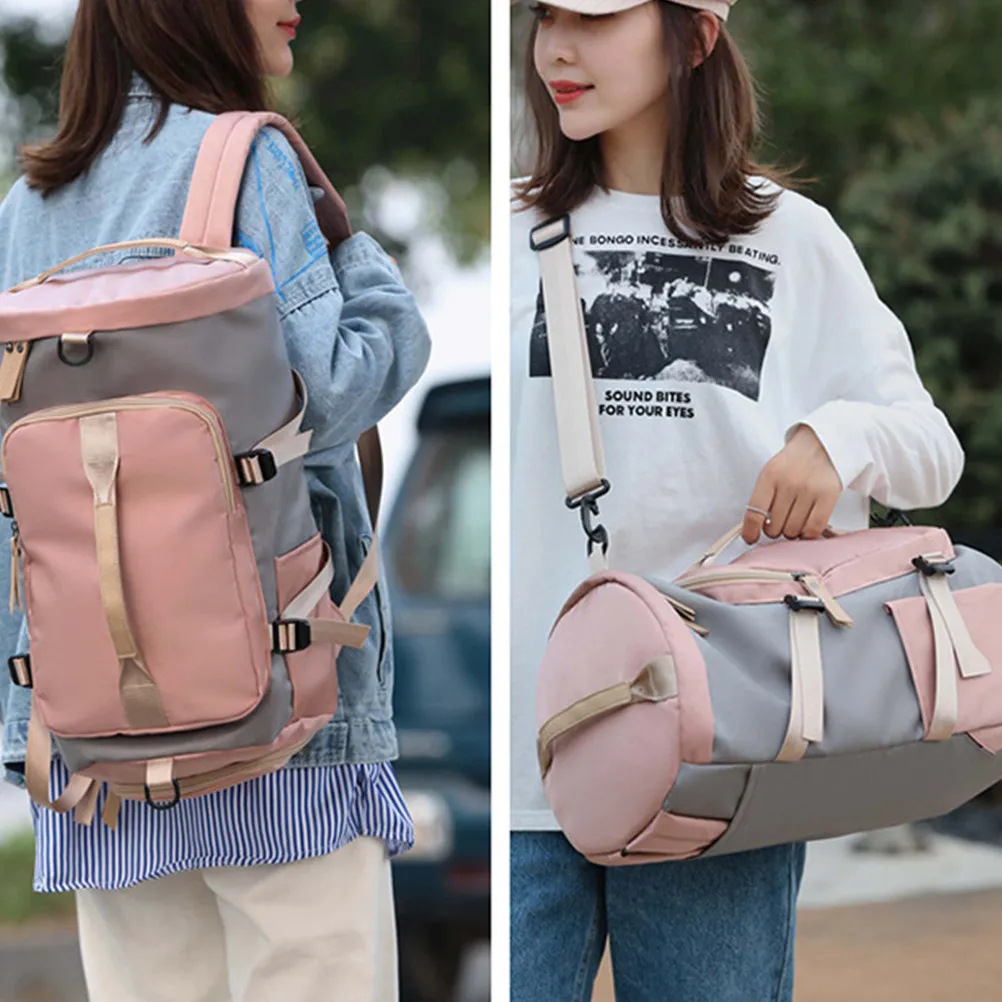 Roomy Nylon Duffel Bag Travel Backpack Multifunctional Tote Gym Bag Weekend Travel Organizer Outdoor Use Pink Grey