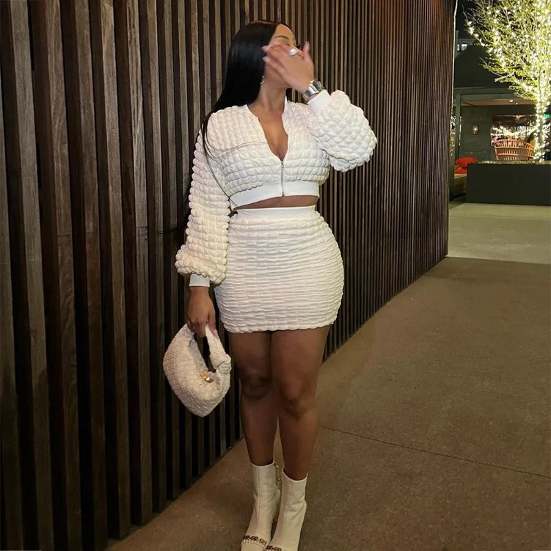 Seersucker Popcorn 2 Piece Dress Set Women Solid White Long Sleeve Zipper Jacket Crop Top High Waist Mini Skirts Streetwear Suit