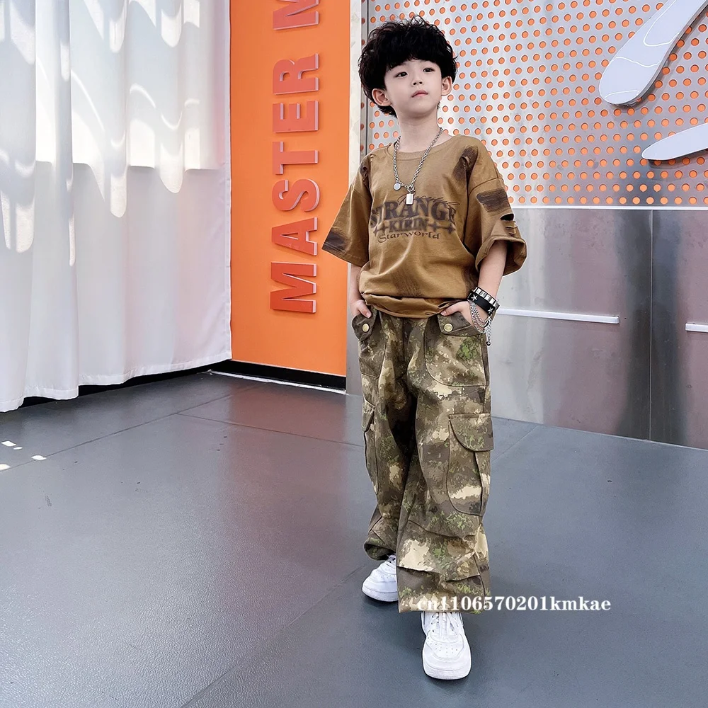 New Kids Hip Hop Clothing Boys Baggy T Shirt Short Sleeves Khaki Cargo Pants Streent Dance Outfits Girls Jazz Dance Suit view 4