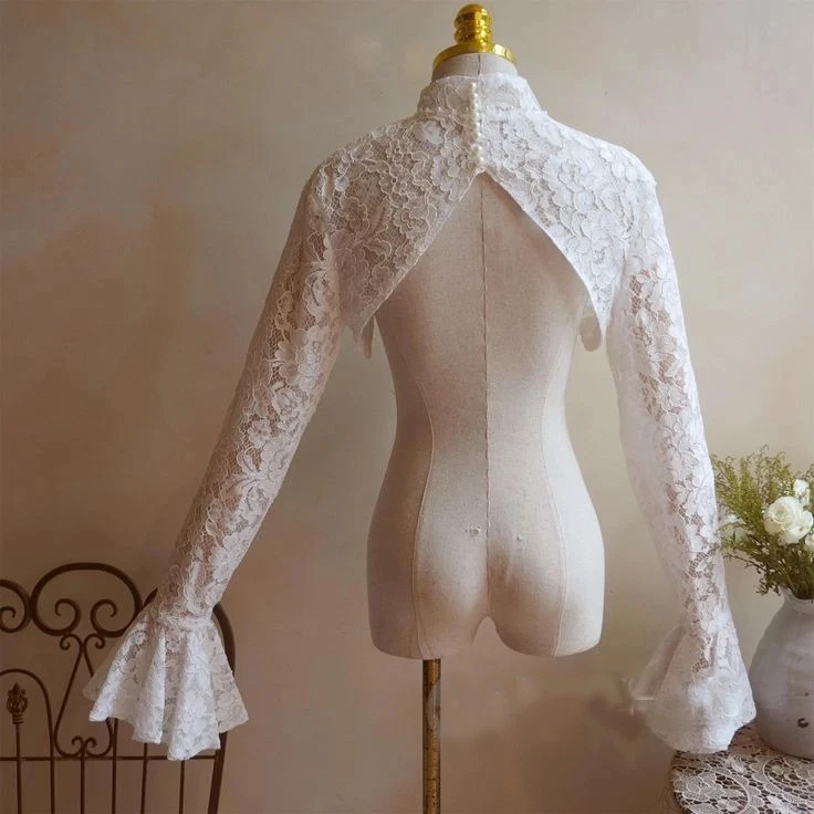 Customized Lace Bolero Wedding Keyhole Back Pearls Trumpet Full Sleeves High Neck Bride Jacket Bridal Capes Women