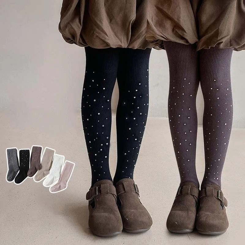 10-15 Degree Girls Pantyhose Lovely Girl PureCotton Warm Shiny Tights Vertical Stripe Sequin Diomand Kid Girl Legging All Season