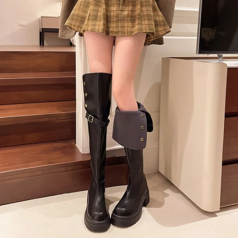 

Women Over The Knee Boots Platform Block Heel Round Toe Thigh High Long Booties Buckle Decorative Buttons Casual Autumn Footwear