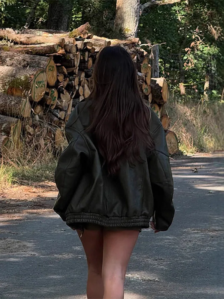 Leren damesjasje met lange mouwen, ritssluiting, elastische zoom, knoopzak, effen vrouwelijke jassen, herfst, high street jassen, dames
