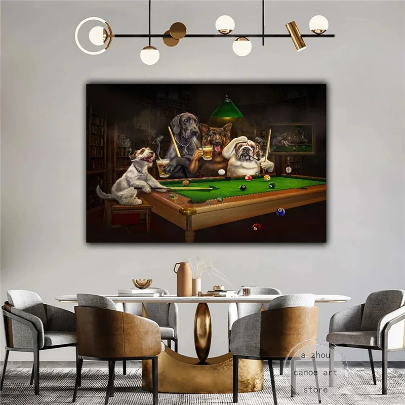 Funny Style Bulldog Dogs Playing Billiard Smoking Cigar Art Poster Canvas Painting Wall Prints Picture Living Room Home Decor