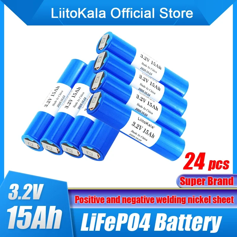 24pcs LiitoKala Lithium Iron Phosphate Battery Cylindrical 3.2V 15Ah Lifepo4 Cell For RV Electric Car Energy Storage Battery