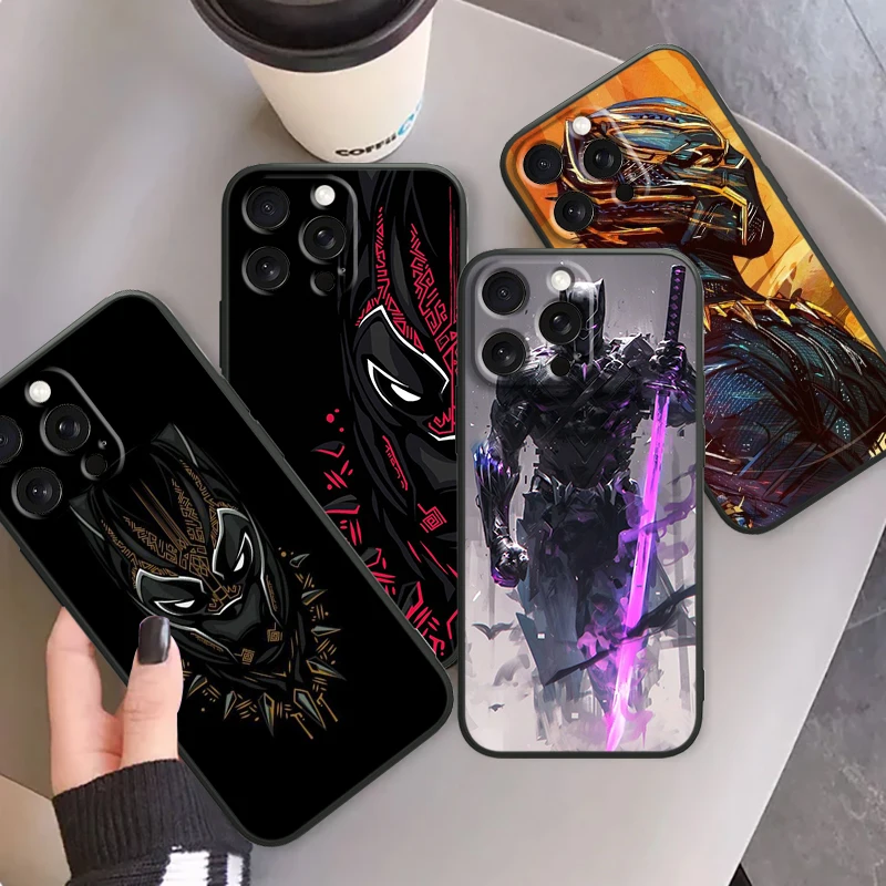 Black Panther Marvel Fashion untuk Apple iPhone 16 15 14 13 12 11 XS XR X Pro Max Plus Mini hitam TPU casing ponsel