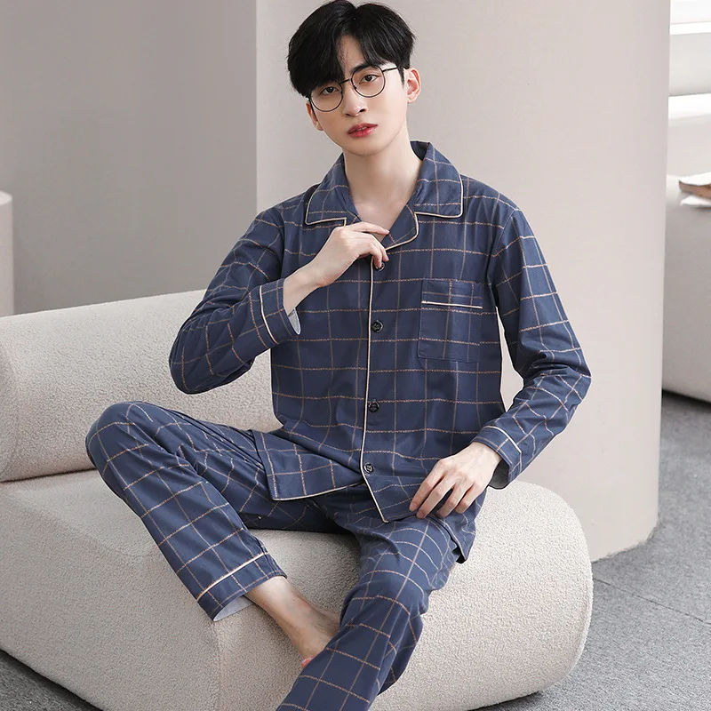 Fashion Men's pajamas Spring Autumn Long sleeve New Outwear Cotton Sleepwear Suit Winter Large Size Home Cloth Male Pyjamas