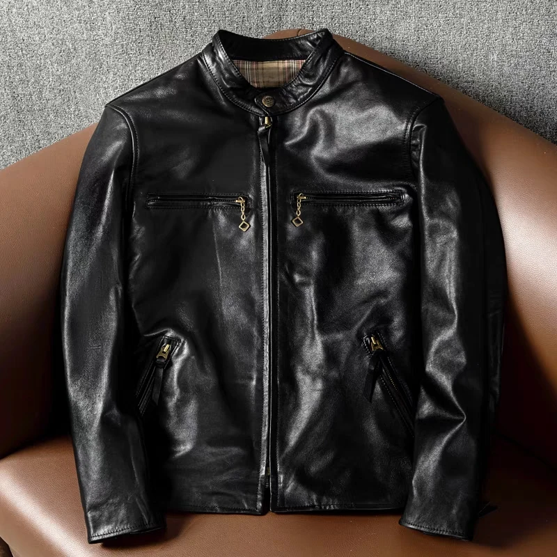 

New Pure Natural Lambskin Oil-Waxed Sheepskin Motorcycle Leather Jacket Men's Slim-Fit Stand-up Collar Short Coat Trend