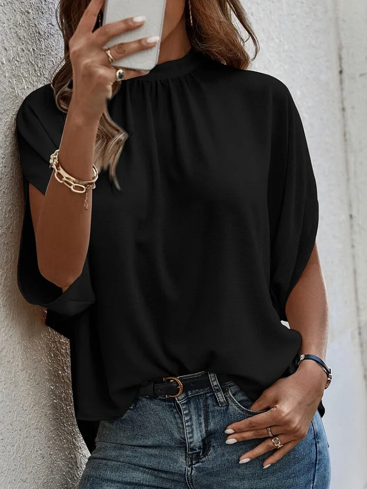 2023 Spring Casual Loose Women\'s Blouse Fashion Batwing Sleeve Print O-neck Shirts Top Summer Office Lady Blouses Elegant Tops